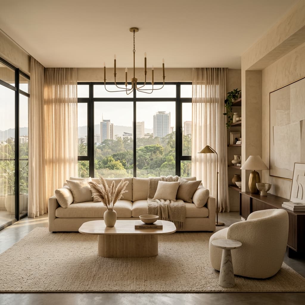 A warmly lit luxury apartment interior in Nairobi